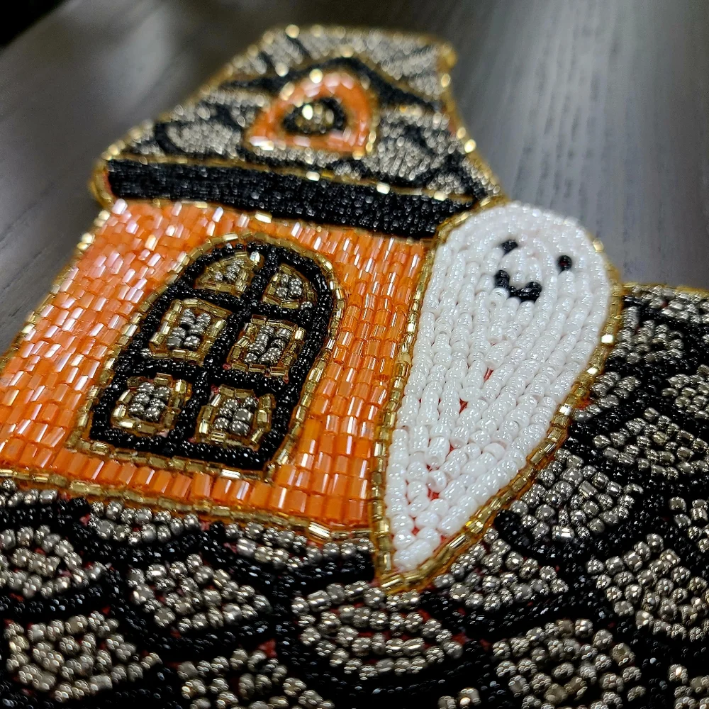 x4 Haunted House Halloween Ghost Pumpkin Shimmer Beaded Placemats CHARGERS Set